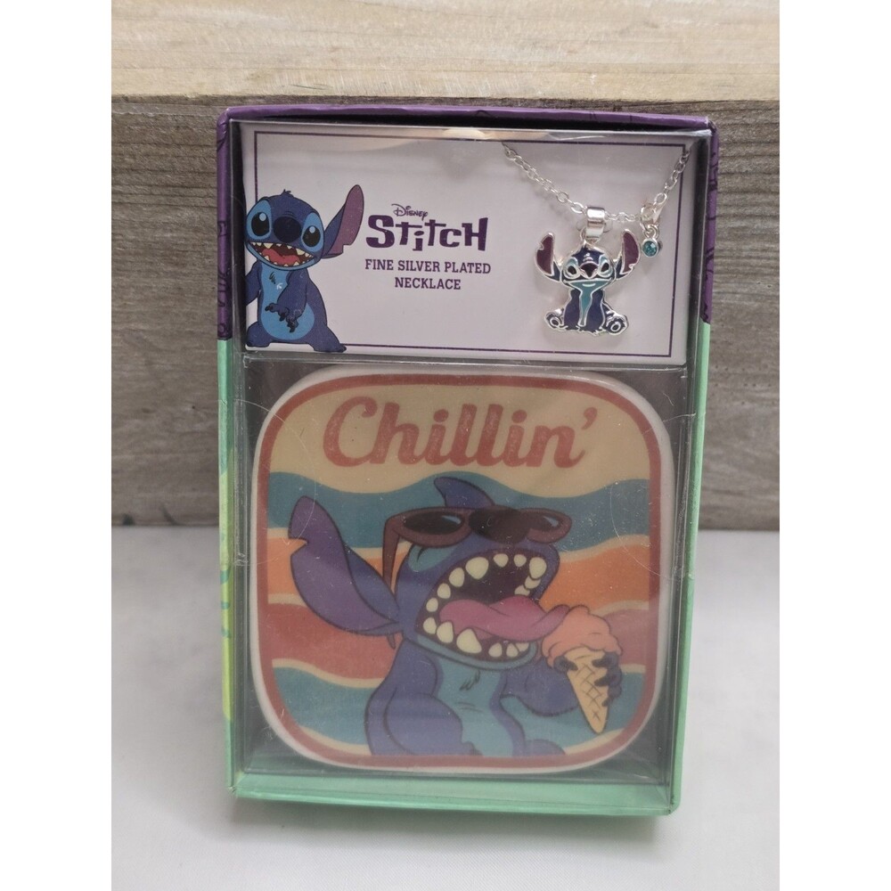 Disney Stitch Necklace & Chillin’ Trinket Tray Set Silver Plated New Gift